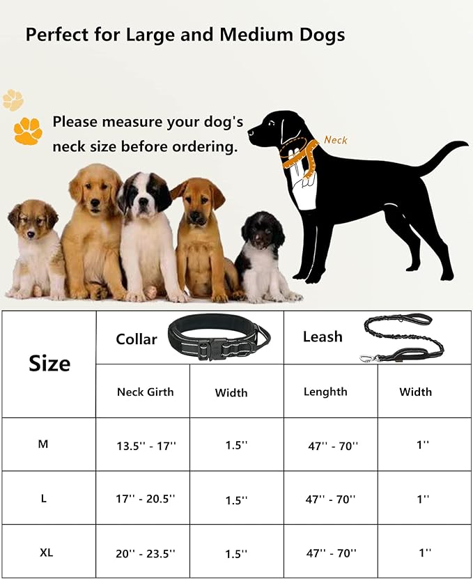 AUBELL Tactical Dog Collar and Leash Set, Adjustable Military Nylon Reflective Dog Leash and Collar with Handle and Heavy Metal Buckle for Medium Large Dogs, with Airtag Case and 2 Patches(Black, L)
