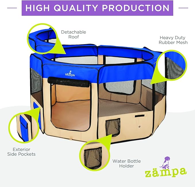 Zampa Dog Playpen Medium 45"x45"x24" Pop Up Portable Playpen for Dogs and Cat, Foldable | Indoor/Outdoor Pen & Travel Pet Carrier + Carrying Case.