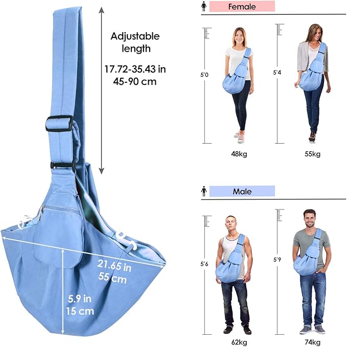 Lukovee Pet Sling, Hand Free Dog Sling Carrier Adjustable Padded Strap Tote Bag Breathable Cotton Shoulder Bag Front Pocket Safety Belt Carrying Small Dog Cat Puppy Machine Washable (Light Bule, M)
