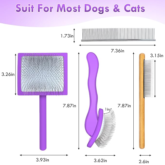 Long Pin Dog Slicker Brush for Long Haired Dogs, Removes Loose Hair, Tangles and Knots, Professional Pet Grooming Kit, Purple