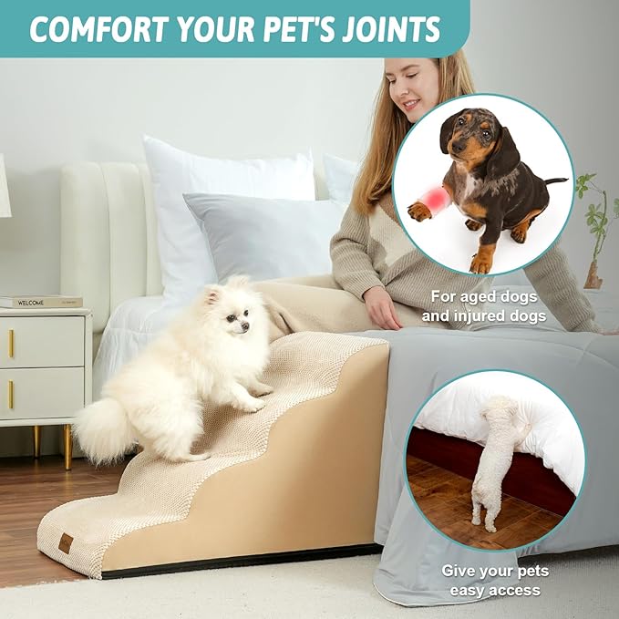 Dog Stairs for Small Dogs 19.7" H, Pet Step with Leakproof Cover, High Density Foam Cat Ramp for Bed, Couch or Sofa, Lightweight, Durable, Comfort, 15.7x28.3x19.7 inch, 4 Tiers, Beige