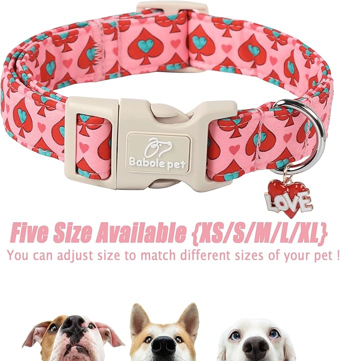 Valentine's Day Dog Collar - Cute Pink Valentines Dog Collar Girl Boy Durable Adjustable Spade Heart Pattern Charm Dog Collars for Small Medium Large Dogs XL