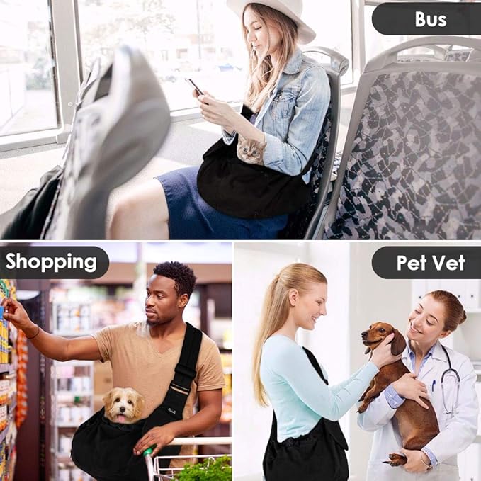 Lukovee Dog Sling Carrier, Hard Bottom Support & Adjustable Soft Padded Shoudler Strap Dog Slings for Small Dogs, Dog Purse with Drawstring Mesh Opening & Zipper Pockets for Puppy Cat Pet (Black)