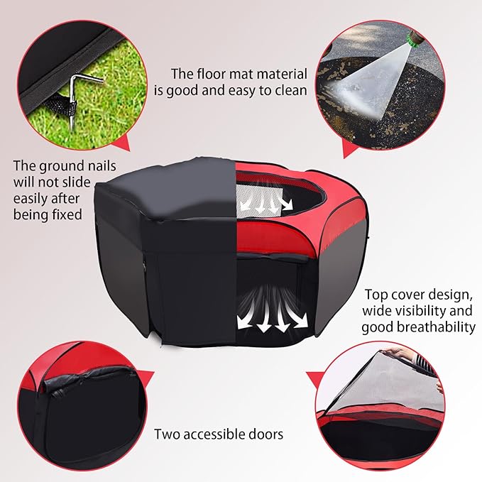 Foldable Brooder Box for Chick,Chick Fence Portable Dog Playpen Cage with Floor Mat, Large Dog Tent Oxford Fabric Cage Indoor/Outdoor, Red and Black
