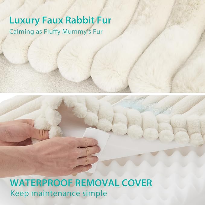 Thick Orthopedic Dog Bed for Large Dogs, Waterproof Supportive Foam Dog Sofa with Washable Cover, Faux Fur Comfy Bolster Couch Pet Beds with Nonskid Bottom (Beige, 36"x27")