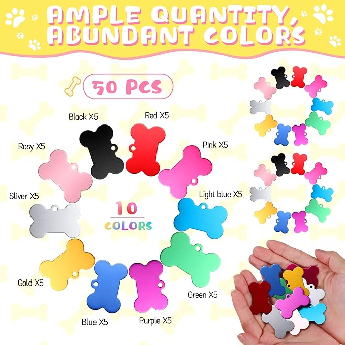 50 Pcs Blank Dog Pet Tags for Engraving 38MM Aluminum Bone Shape Name Tag Colorful Double Sided Dog Cat Phone Number Tag Pendantsnts