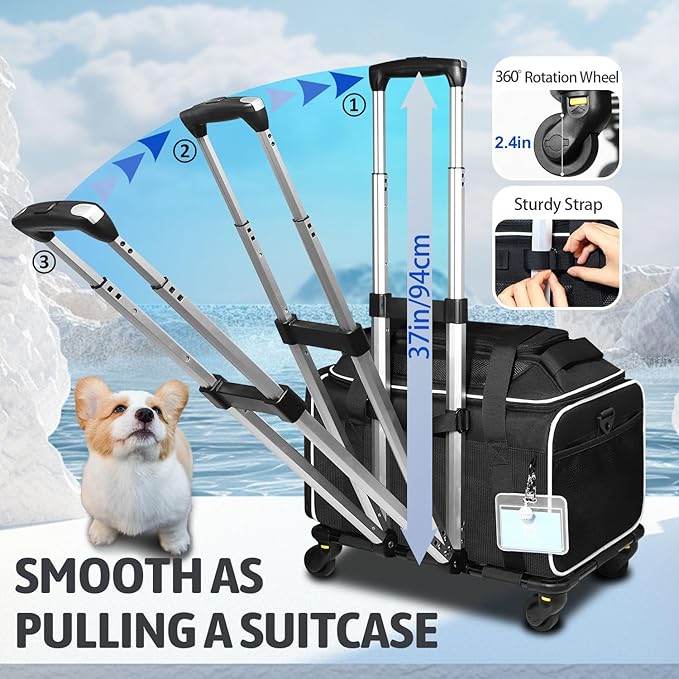 Petskd Top-Expandable Pet Carrier with Wheels 18x13x9.5 Inches Southwest Allegiant Airline Approved, Soft-Sided Carrier for Small Cats Dogs with Locking Safety Zippers and Anti-Scratch Mesh(Black)