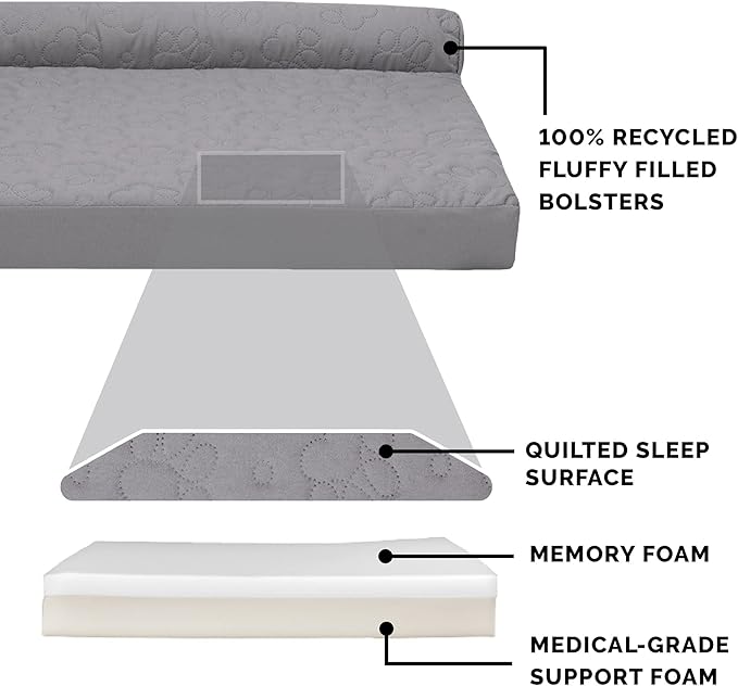 Furhaven Memory Foam Dog Bed for Large/Medium Dogs w/ Removable Bolsters & Washable Cover, For Dogs Up to 55 lbs - Pinsonic Quilted Paw L Shaped Chaise - Titanium, Large
