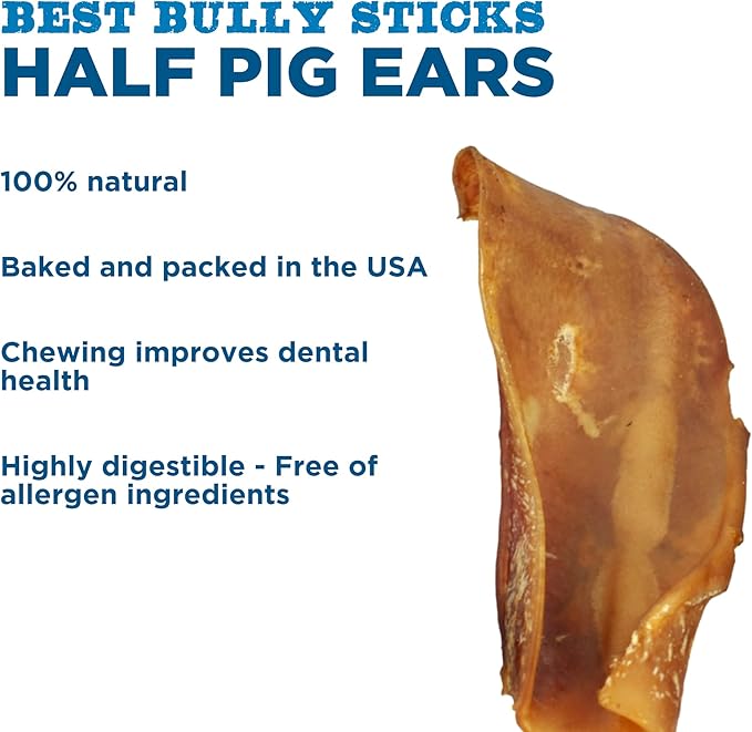 Best Bully Sticks All Natural USA Baked & Packed Half Pig Ears for Dogs - Single Ingredient Easily digestible 100% Pork Dog Chew Treats - Great for Puppies, Small, Medium, and Large Dogs - 25 Pack