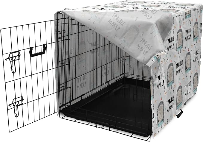 Lunarable Cartoon Dog Crate Cover, Hedgehog Trouble Maker Lettering with Apple and Stars Bad Boy Print, Easy to Use Pet Kennel Cover for Medium Large Dogs, 36 Inch, Pearl Pale Blue