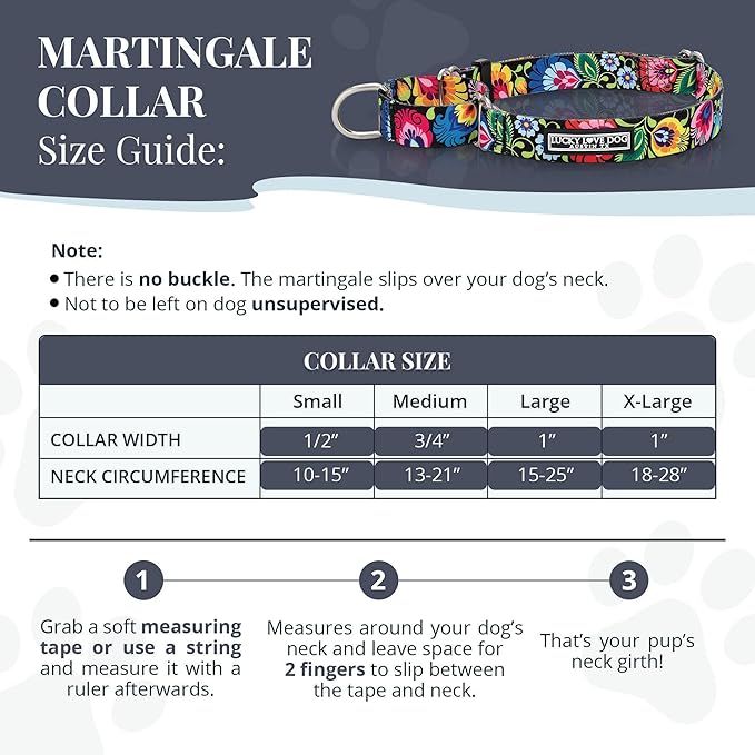 Lucky Love Dog Martingale Dog Collar - Adjustable, No-Slip, Durable, & Soft Webbing Dog Collar for Male and Female Dogs Ideal for Training & Walking - Stylish Blackbird Pattern, Small Size
