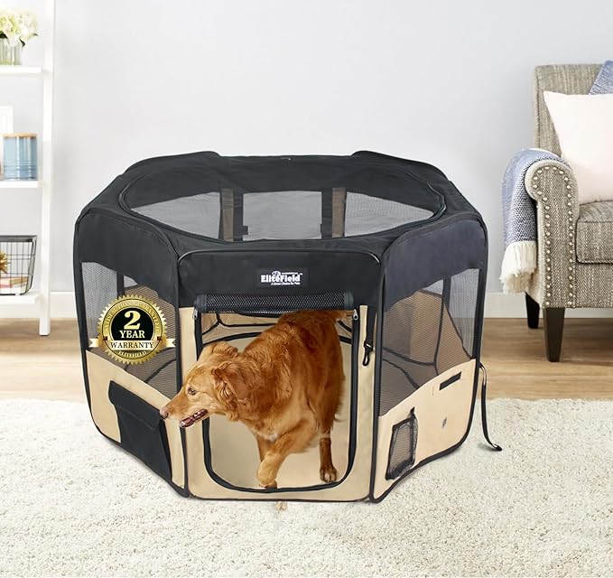 EliteField 2-Door Soft Pet Playpen (2 Year Warranty), Exercise Pen, Multiple Sizes and Colors Available for Dogs, Cats and Other Pets (62" x 62" x 24"H, Black+Beige)