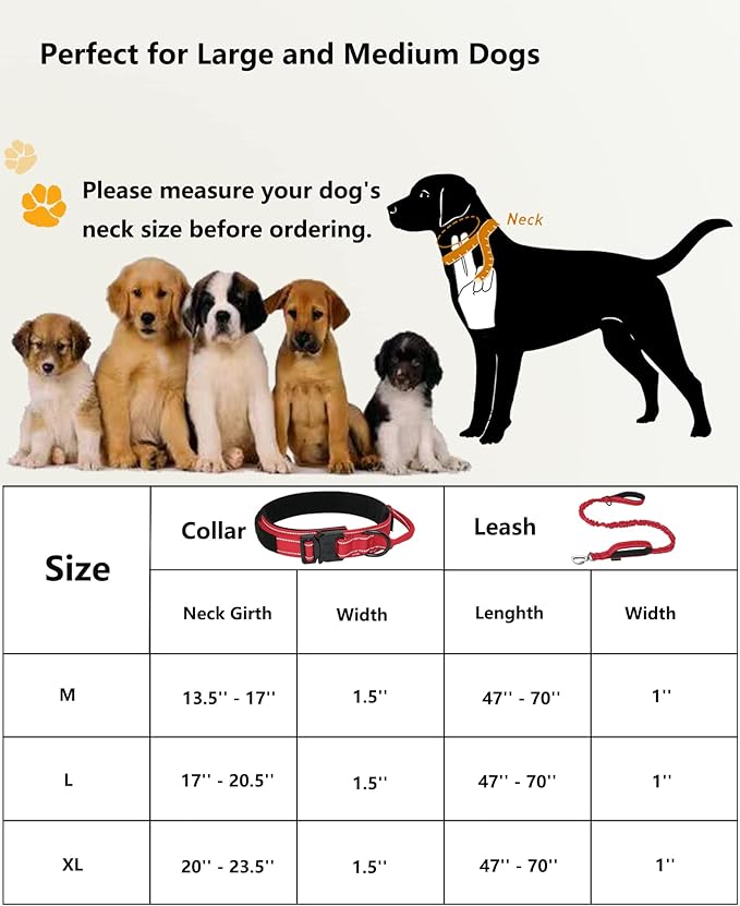 AUBELL Tactical Dog Collar and Leash Set, Adjustable Military Nylon Reflective Dog Leash and Collar with Handle and Heavy Metal Buckle for Medium Large Dogs, with Airtag Holder and 2 Patches (Red, L)