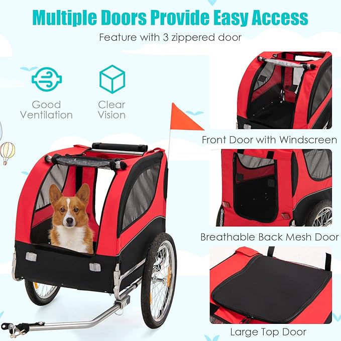 PETSITE Dog Bike Trailer, Dog Cart for Bicycle with 3 Breathable Mesh Entrances, Safety Flage, Easy Folding Pet Carrier with Quick Release Wheels, Pet Bike Trailer for Small & Medium Sized Dogs