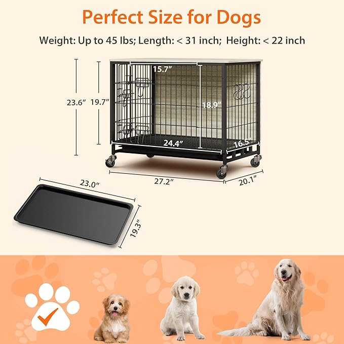 2024 Dog Crate Furniture, 38.6" Double-Doors Dogs Kennel Indoor with Removable Tray and Wheels, Wooden Dog Crates for Large Dogs, Large Dog Crate, Decorative Dog Cage End Table, Rustic Gray