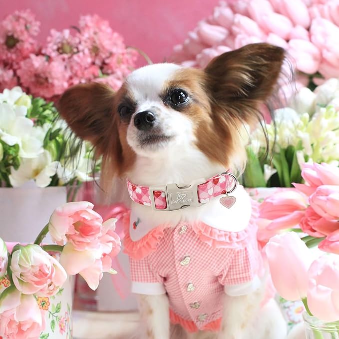 Valentine's Day Dog Collar - Cute Pink Valentines Dog Collar Girl Boy Durable Adjustable Love Heart Pattern Charm Dog Collars for Small Medium Large Dogs XS