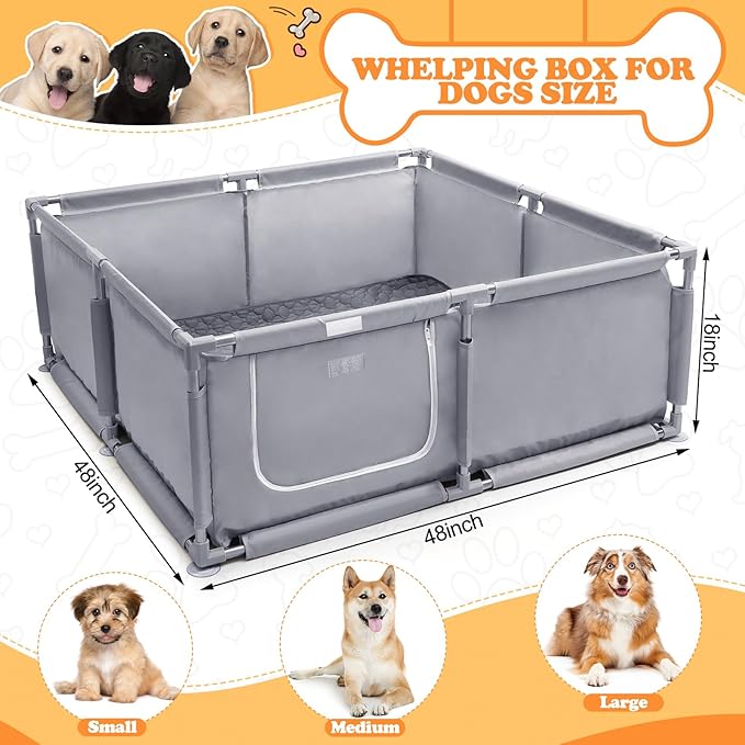Whelping Box for Dogs and Puppies 48x48x18 inch Pet Whelping Box with Washable Pee Pads and Collapsible Dog Bowl for Medium Small Dogs