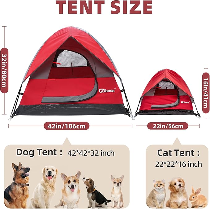 GDanes Red Dog Tent House - Portable Indoor/Outdoor Dog Bed with Soft Pad for Large Dogs, 42 x 42 x 32 Inches