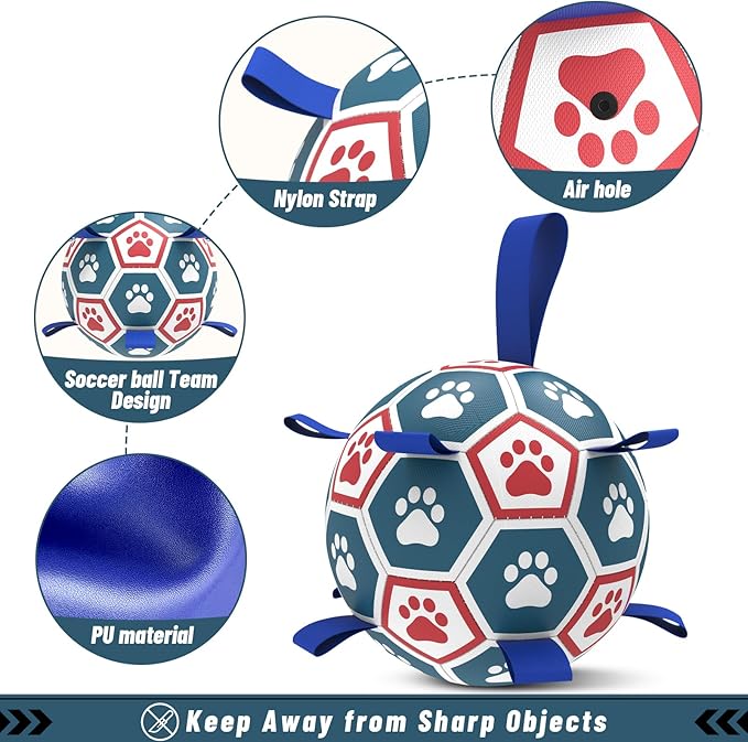 QDAN Dog Ropes Toys Soccer Ball with Straps, Interactive Dog Toys for Tug of War, Puppy Birthday Gifts, Dog Tug Toy, Dog Water Toy, Durable Dog Balls for Medium & Large Dogs(8 Inch)