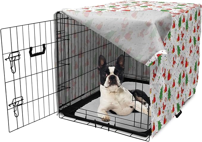 Ambesonne Christmas Dog Crate Cover, Xmas Santa Claus Tree on Colorful Polka Dot Backdrop Surprise Boxes Art, Easy to Use Pet Kennel Cover for Small Dogs Puppies Kittens, 22 Inch, Green and Red