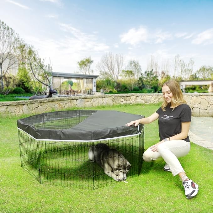 PJYuCien Dog Playpen Mesh Top Cover, Fits 32 Inch 8 Panels Regular Octagon Metal Exercise Pet Playpen, Adhesive Tape Connections, Black (Note: Cover Only, Fence Not Included)