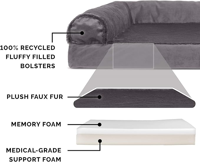 Furhaven Memory Foam Dog Bed for Medium/Small Dogs w/ Removable Bolsters & Washable Cover, For Dogs Up to 35 lbs - Plush & Velvet L Shaped Chaise - Platinum Gray, Medium