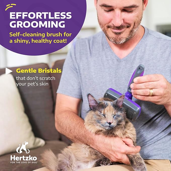 Hertzko Self Cleaning Slicker Brush for Dogs and Cats - Pet Hair Brush for Shedding Long and Short Hair - Grooming Brush with Easy Clean Retractable Bristles - Cat and Dog Grooming Tool - Purple