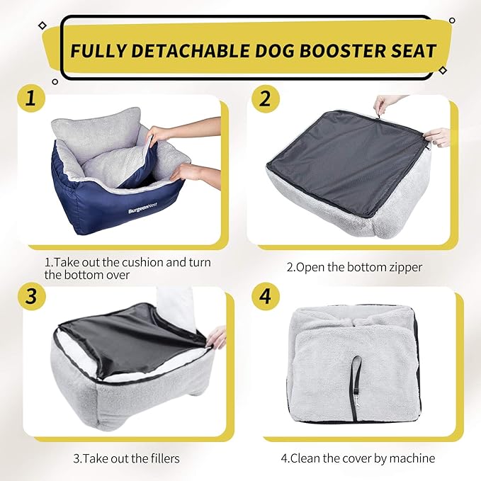 BurgeonNest Dog Car Seat for Small Dogs, Fully Detachable and Washable Dog Carseats Small Under 25, Soft Dog Booster Seats with Storage Pockets and Clip-On Leash Portable Dog Car Travel Carrier Bed