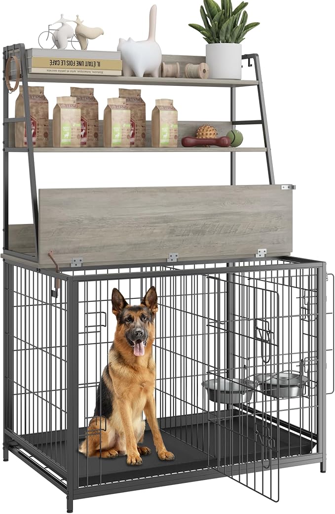 IDEALHOUSE Dog Crate Furniture,Flip-up Top Pet Crate Furniture,Indoor End Table Dog Cage with 3-Layer Storage Shelves,Dog Crates for Medium Dogs,Dog Kennel Furniture with Adjustable Bowls,Grey