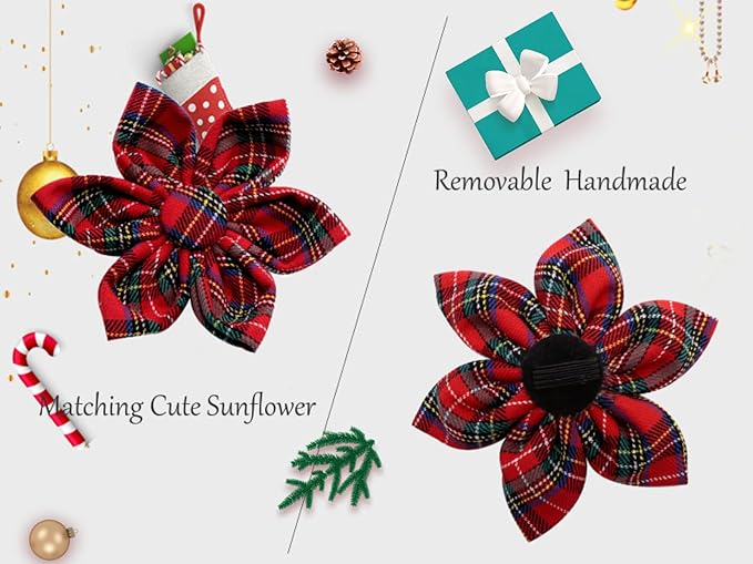 Uniqe Style Paws Christmas Grid Dog Collar, Female or Male Adjustable Dog Collar with Flower, Durable Floral Pattern Pet Collar for Large Dogs