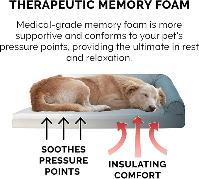 Furhaven Memory Foam Dog Bed for Large/Medium Dogs w/ Removable Bolsters & Washable Cover, For Dogs Up to 55 lbs - Pinsonic Quilted Paw L Shaped Chaise - Bluestone, Large