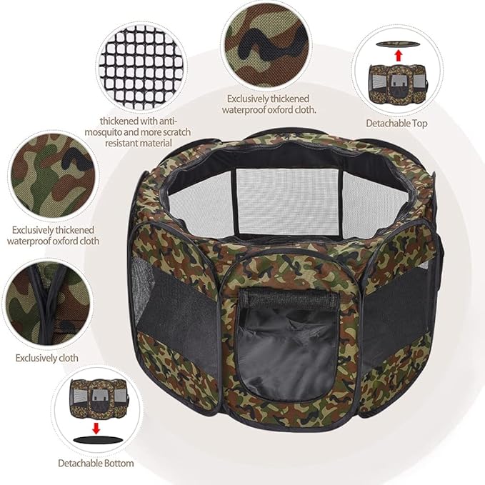 Foldable Pet Dog Playpen, Pop Up Portable Cat Playpen, Indoor/Outdoor for Kitten Puppy Play Pen, Cats Crate Cage Tent with Carrying Bag, 600D Oxford (Camo Green, Small (26"x26"x18"), 8)