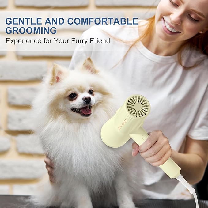 L&W BROS. Quiet Pet Grooming Dryer with Brush, Adjustable Temperature, and Overheating Protection for Small Dogs and Puppies (Light Yellow)