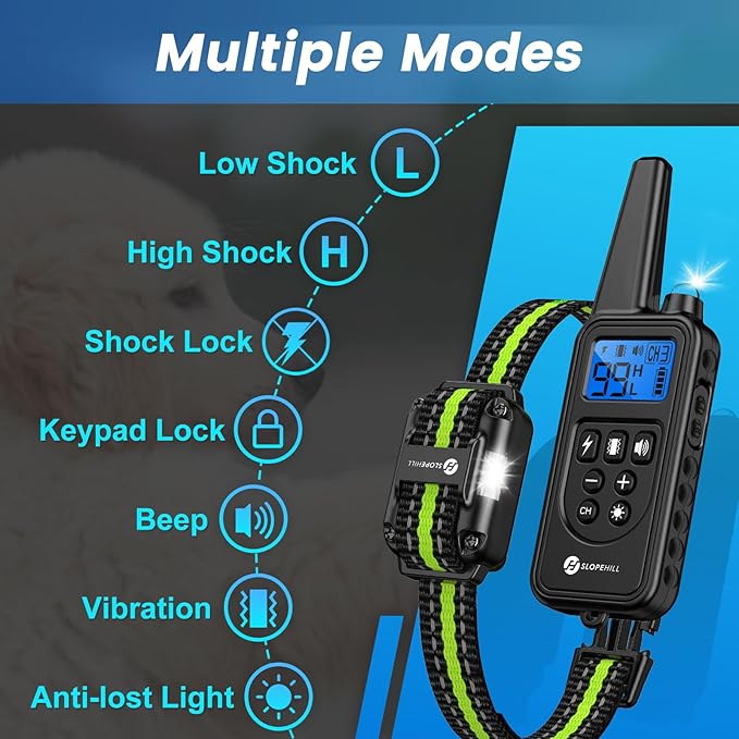 Dog Training Collar with Remote, Electronic Dog Shock Collar with Beep, Vibration, Shock, Light and Keypad Lock Mode, Electric Dog Collar Set for Small Medium Large Dogs (Black Green)
