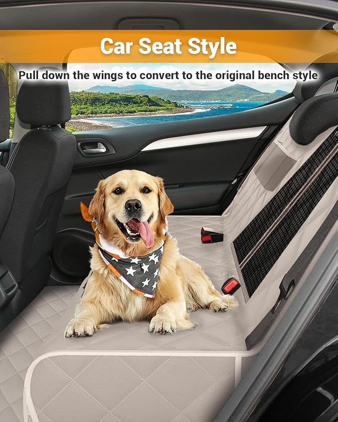 Dog Car Seat Cover, 600D Heavy Durable Dog Seat Cover for Back Seat, 100% Waterproof Scratch Proof Nonslip Dog Hammock for Car with Side Flap, Pet Back Seat Covers for Cars with Seatbelt Khaki