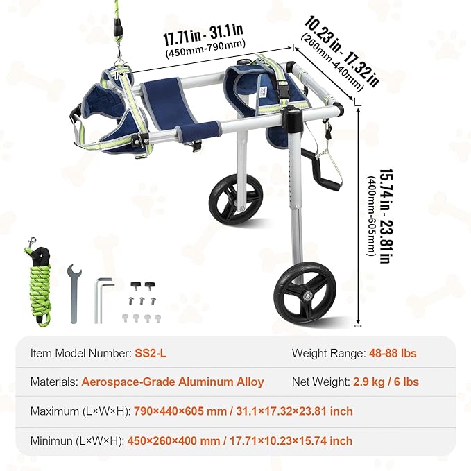 VEVOR Dog Wheelchair for Back Legs, Pet Wheelchair Lightweight & Adjustable Assisting in Healing, Dog Cart with 2 Wheels for Injured, Disabled, Paralysis, Hind Limb Weak Pet (Large)