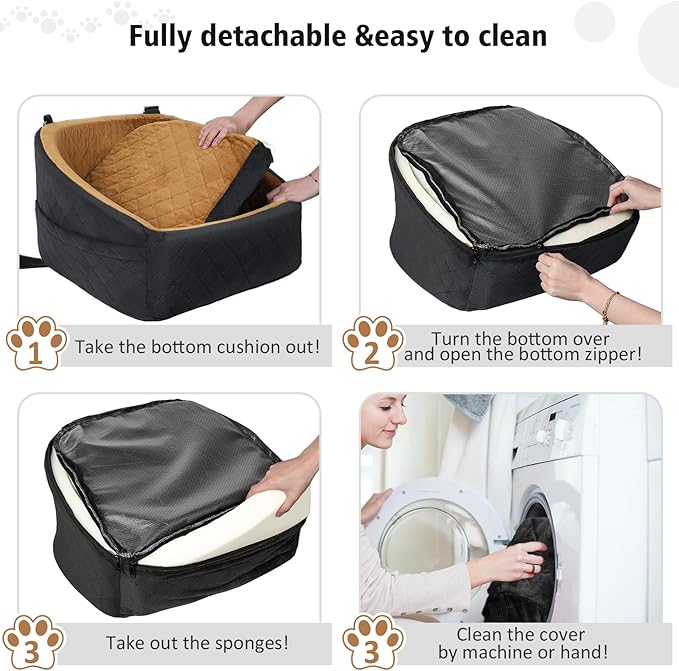 Dog Car Seat for Small Medium Dogs,Detachable Washable Dog Booster Seat Under 30lbs, Pet Car Seat Travel Bed with Storage Pockets and Dog Safety Belt(Black/Brown)