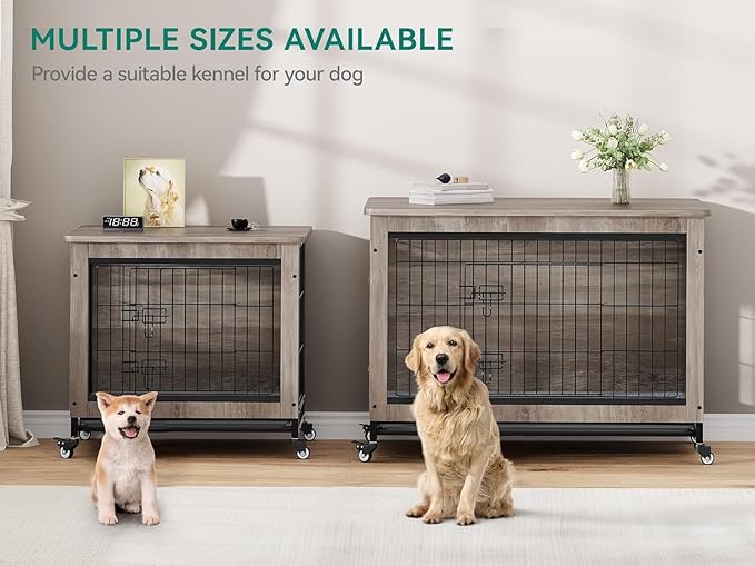 YITAHOME YITAHOME Dog Crate Furniture with Cushion, Dog Kennel Indoor with Wheels, Dog Crate End Table with Tray, 27" Dog Cage with Double Doors for Small Dog (Gray)