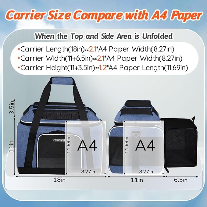 Petskd Top and Side Expandable Pet Carrier 18x11x11 Inches Delta United Airline Approved, Soft-Sided Carrier for Small Cats and Dogs with Locking Safety Zippers and Anti-Scratch Mesh(Blue)