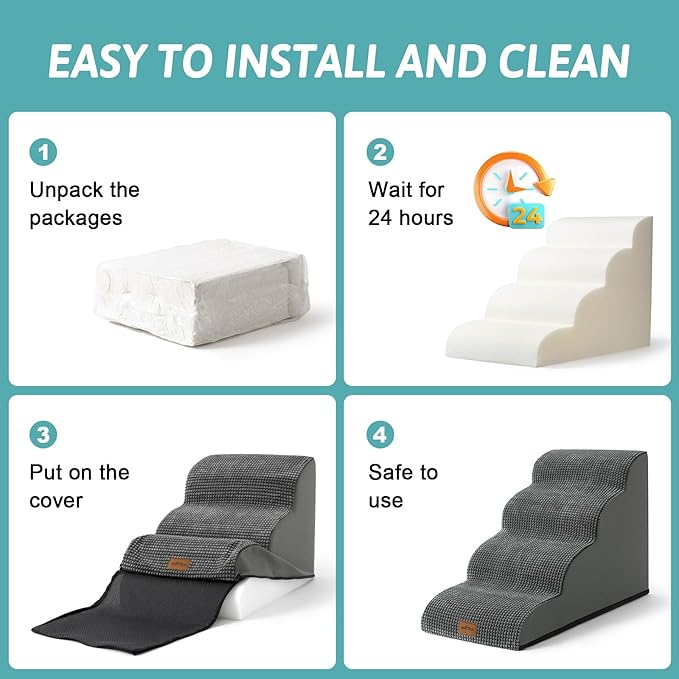 Dog Stairs for Small Dogs 19.7" H, Pet Step with Leakproof Cover, High Density Foam Cat Ramp for Bed, Couch or Sofa, Lightweight, Durable, Comfort, 15.7x28.3x19.7 inch, 4 Tiers, Dark Grey