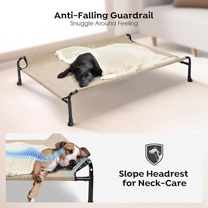 Veehoo Cooling Elevated Dog Bed, Raised Dog Beds for Large Dogs, Outdoor Dog Bed with Guardrail, Upgraded Non-Slip Feet, Breathable Teslin Mesh, Portable Camping Dog Cot, X-Large, Beige Coffee CWC2404