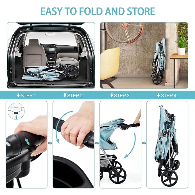 Pet Stroller for Medium Small Dogs and Cats, Folding Puppy Stroller Dog Cat Cage Jogger Stroller with Cup Holder and Storage Basket, 3 Wheels, Light Blue