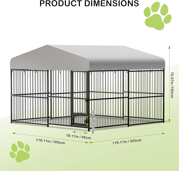 Large Outdoor Dog Kennel with Waterproof Cover, Large Dog House with Feeding Doors, Heavy Duty Dog Enclosures for Garden Backyard Courtyard(10×10×7FT)