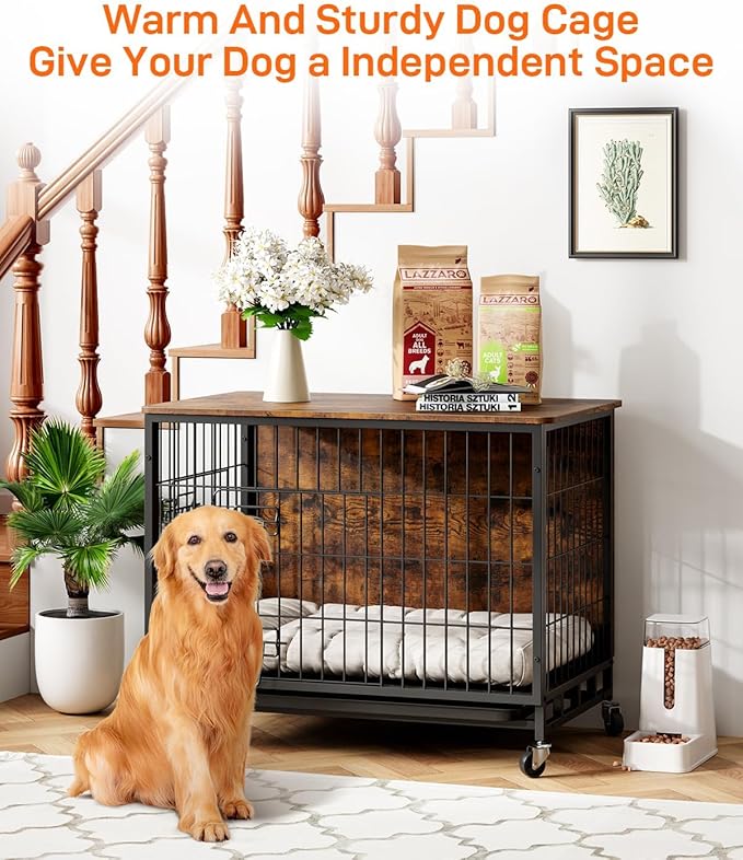 2024 New Dog Crate Furniture, 38.6" Dual-Entry Large Dog Kennel & Stylish Furniture Piece, Easy-Clean, Chew-Proof, with Mobile Locking Wheels, Perfect Fusion of Pet Comfort, Rustic Brown