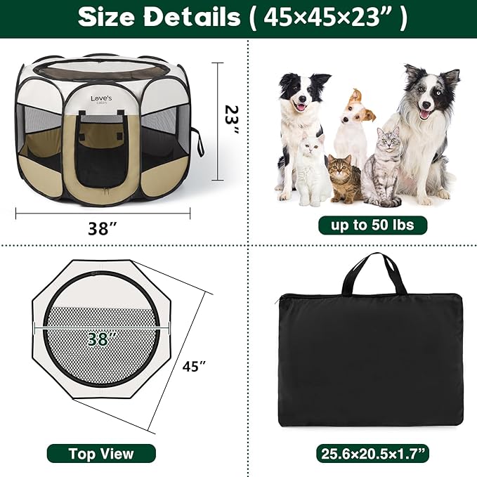 Love's cabin Pet Puppy Dog Playpen, Large Dog Tent Crates Cage Indoor/Outdoor, Portable Playpen for Cat, Foldable Pop Up Dog Kennel Playpen with Carring Case, Removable Zipper Top, Khaki