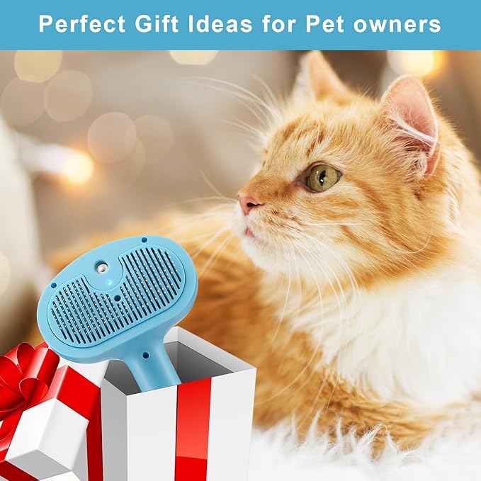 Pet Steam Hair Comb Brush for Shedding, 4 In 1 Spray Brush for Long & Short Haired Cat&Dog, Self-Cleaning Hair Remover with Water Tank And LED Blue Light, Release Button(Blue)