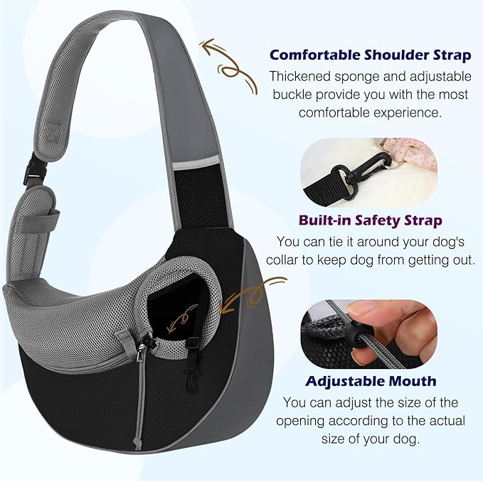 Pawaboo Pet Dog Sling Carrier, Hand Free Drawstring Dog Papoose with Adjustable Strap, Breathable Mesh Bag for Puppy Cat, Crossbody Satchel Dog Purse with Pocket for Outdoor, Dark Gray+Black, Medium