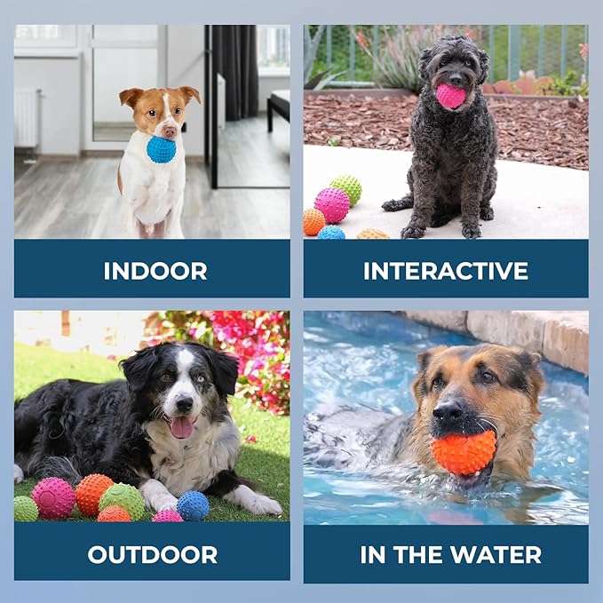 Best Pet Supplies Squeaky Rubber Spiky Ball Dog Toy Durable Non-Toxic Perfect for Aggressive Chewers Spiked for Dental Health Interactive Dog Toy - Pack of 4 - Assorted Colors (M:2.5")