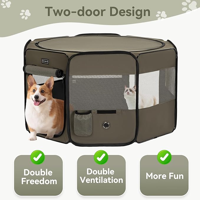 PETSFIT Dog Playpen, 36" Dia Sturdy Foldable Puppy Playpen for Dogs Cats Indoor/Outdoor, Portable Pet Playpen with Carring Case, Removable Mesh Zipper Top and Waterproof Playpen Mat Army Green M