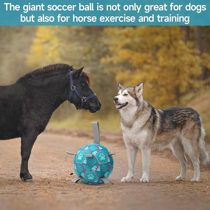 QDAN Dog Toys Soccer Ball with Straps - Durable Dog Balls for Extra Large Dogs, Beach Pool Dog Water Toy, Dog Tug Toys for Tug of War, Puppy Dog Birthday Gifts, Herding Balls for Dog, Blue (9 Inch)